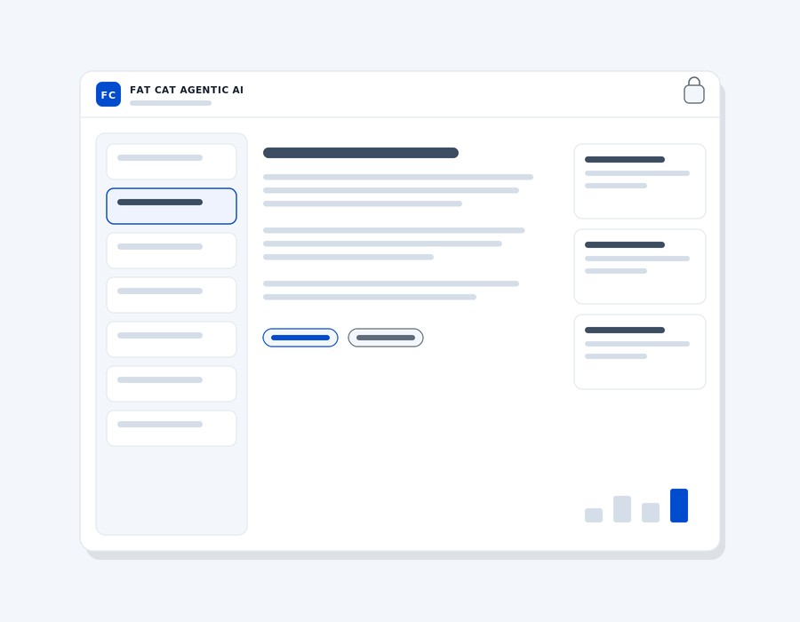 Minimal browser window with a three-pane analytical workspace and a small lock mark