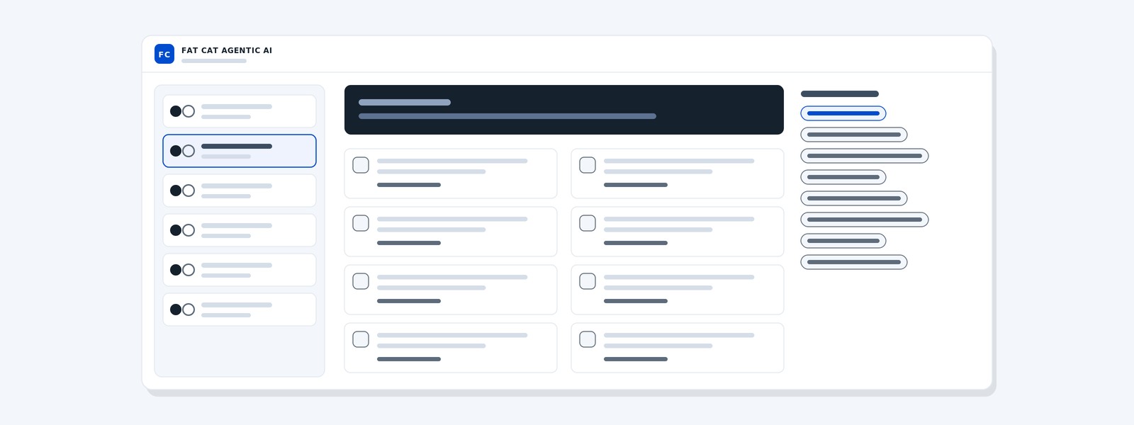 Minimal three-pane intelligence briefing interface on a light background