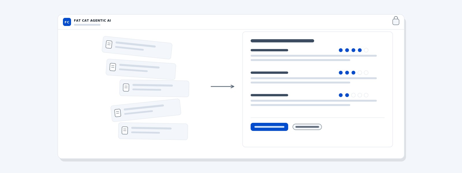 Minimal arrangement of profile cards connected to a structured evaluation document