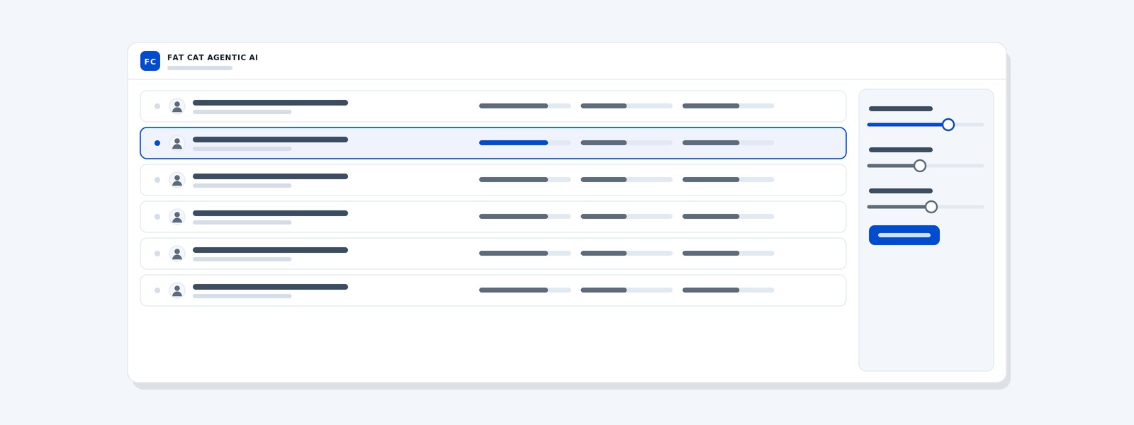 Minimal ranked draft board of cards with slider controls, in a light corporate setting
